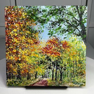 Country Lane Original Acrylic Painting Autumn Hues Landscape Artwork 8" x 8"